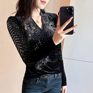 26010050 실사 브이 스팽글 벨벳 블라우스