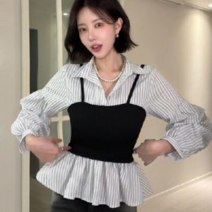 26010138 카라넥 줄지 배색 블라우스 페이크투피스