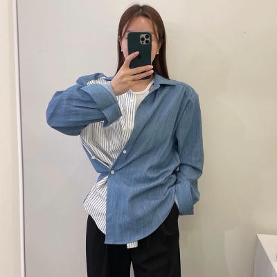 26010139 카라넥 반반 배색 데님 남방