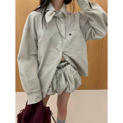 26010190 리본 체크블라우스 벌룬핫팬츠 투피스