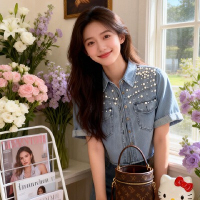 26020010 카라넥 진주 소매롤업 데님 블라우스