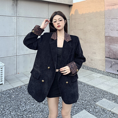 26030085 [실사] 호피배색 카라넥 루즈자켓 벨트포함
