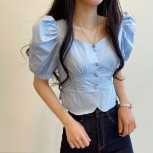 26030090 레트로 스퀘어넥 퍼프 반팔 블라우스