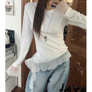 26030107 시스루 메쉬 배색 스트랩 긴팔 티