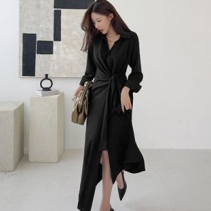 26030155 블랙 슬림핏 롱 셔츠 원피스