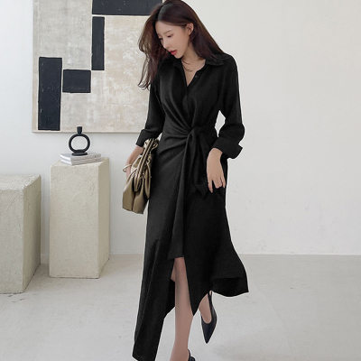 26030155 블랙 슬림핏 롱 셔츠 원피스