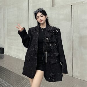 26030176 [실사] 탈부착 플라워 장식 루즈핏 숄더패드 테일러드 자켓