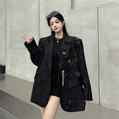 26030176 [실사] 탈부착 플라워 장식 루즈핏 숄더패드 테일러드 자켓
