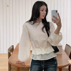 26030179 프릴 레이어드 스트링 허리조절 셔츠 블라우스 여성 상의