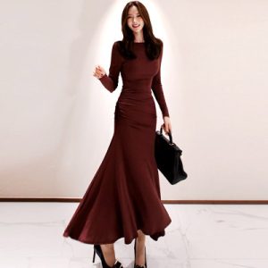 26030195 2026 봄가을 신상 허리 셔링 머메이드 플레어 롱원피스
