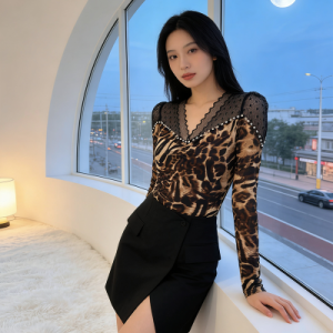 26030233 레오파드 시스루 레이스 슬림핏 브이넥 백리스 블라우스 (큐빅 디테일 글램룩)