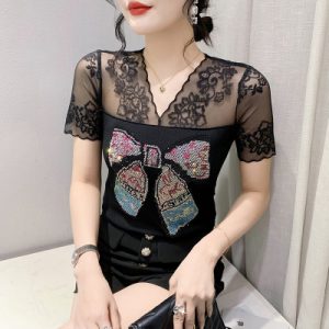 26030234 실사 시스루 레이스 큐빅 장식 더블 아이스 시스루 반팔 블라우스 (여리핏/트렌디 무드)