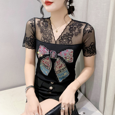 26030234 실사 시스루 레이스 큐빅 장식 더블 아이스 시스루 반팔 블라우스 (여리핏/트렌디 무드)