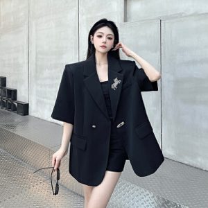 26030276 실사 블랙 핫픽스 루즈핏 반팔 숄더패드 자켓