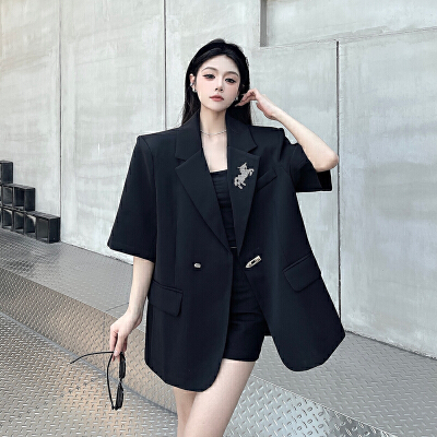 26030276 실사 블랙 핫픽스 루즈핏 반팔 숄더패드 자켓