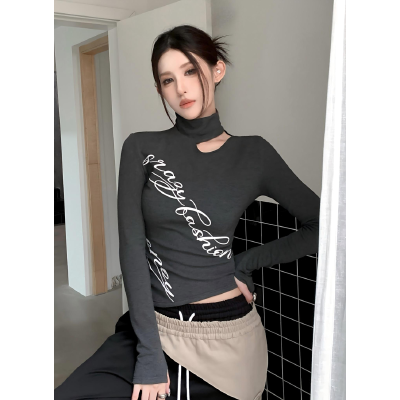 26030338 실사 봄신상 레터링 컷아웃 하이넥 슬림핏 기모 롱슬리브 티
