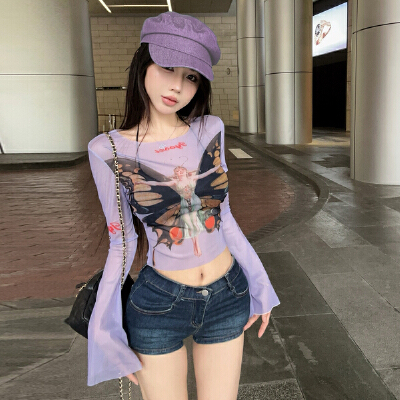 26030345 실사 버터플라이 프린팅 시스루 메쉬 플레어소매 탑 (썸머 바캉스 커버업)