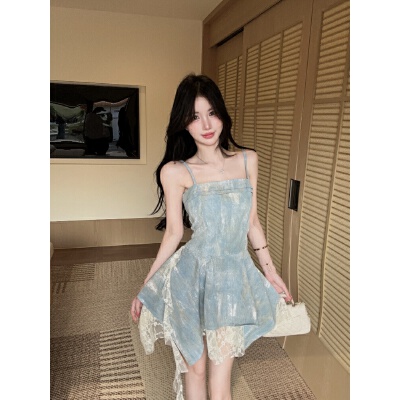 26040010 실사 섹시 핫걸 타이다이 레이스 데님 뷔스티에 언발 원피스