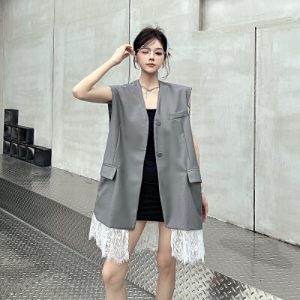26040022 실사 그레이 레이스 배색 브이넥 베스트