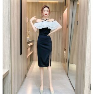 26040027 실사 오프숄더 배색 슬릿 슬림핏 원피스