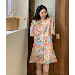 26040034 빈티지 스퀘어넥 배색 프린팅 미니원피스