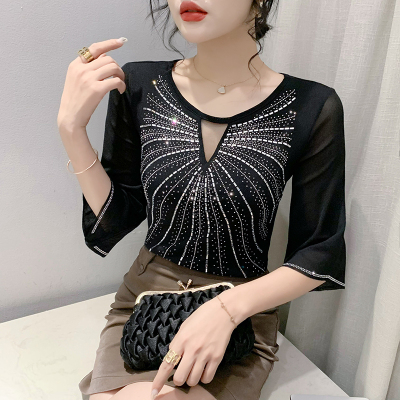 26040042 실사 큐빅 포인트 7부소매 슬림핏 선케어 상의
