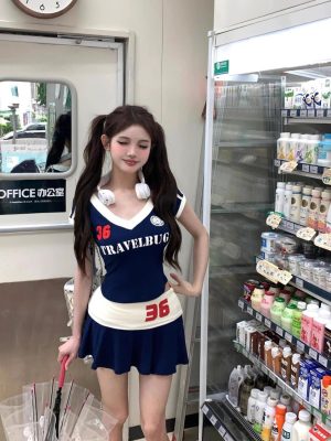 26040056 브이 레터링 반팔티 주름 미니스커트 투피스