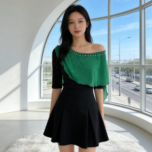 26040100 언발 어깨트임 배색 프릴 티셔츠
