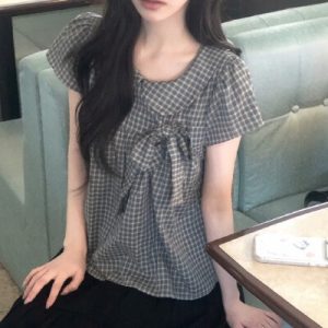 26040144 체크 리본 카라 반팔 블라우스