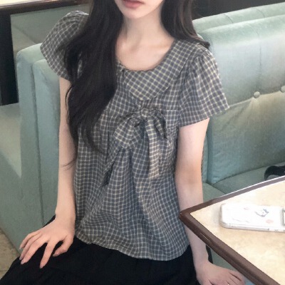 26040144 체크 리본 카라 반팔 블라우스