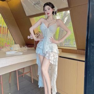 26040163 레이스 딥V 슬림핏 언발 나시 원피스