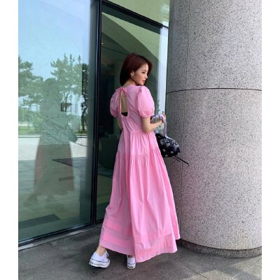 26040178 백오픈 플레어 퍼프소매 롱원피스