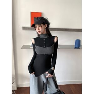 26040180 레트로 섹시무드 배색 레이어드 하이넥 긴팔 티셔츠