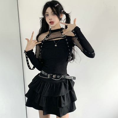 26040208 사이버펑크 무드 메쉬 컷아웃 블랙 섹시 티셔츠 투피스 세트