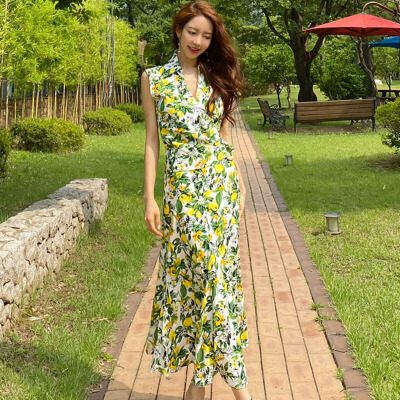 26040314 V넥 플라워 레몬 프린팅 슬림 롱원피스