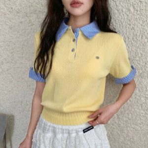 26050027 배색 스트라이프 카라 반팔 니트