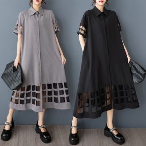 26050084 망사 배색 루즈핏 셔츠 원피스