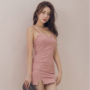 26050099 체크 백리스 슬림핏 끈나시 미니원피스