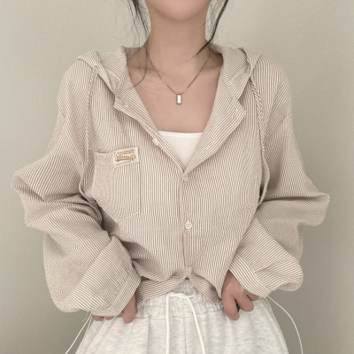 26050126 스트라이프 후드 크롭 자켓