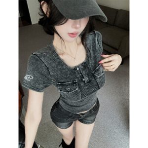 26050142 빈티지 워싱 카고 크롭 반팔 티셔츠