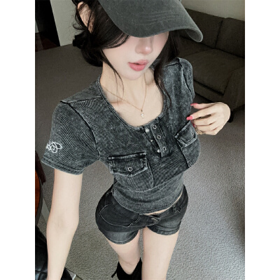 26050142 빈티지 워싱 카고 크롭 반팔 티셔츠