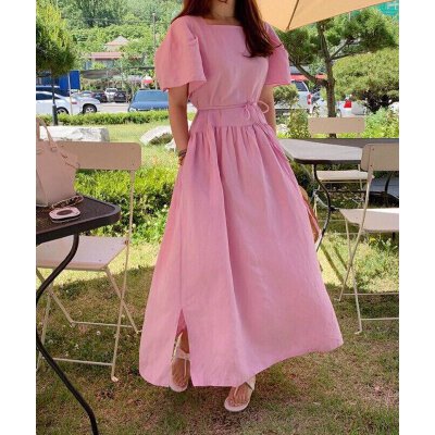 26050212 백버튼 스퀘어넥 롱원피스