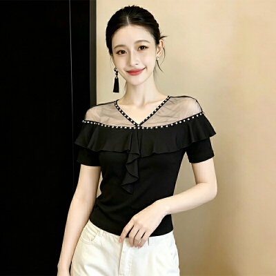 26050231 브이 시스루 큐빅프릴 티셔츠