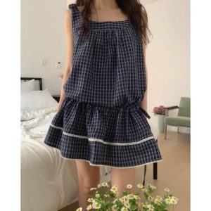26060014 동대문 감성 프릴 배색 체크 뷔스티에 나시 원피스