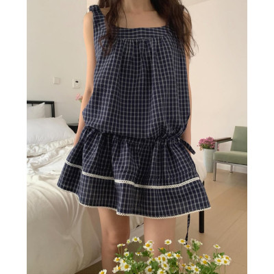 26060014 동대문 감성 프릴 배색 체크 뷔스티에 나시 원피스