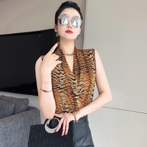26060041 [100% 실사/유럽풍] 레트로 레오파드 호피 V넥 민소매 블라우스