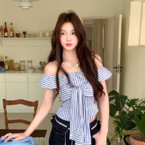 26060122 [청순글램] 오프숄더 스트라이프 셔츠 블라우스 핫걸탑