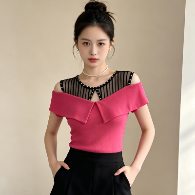 26060143 [디자인컷/청순글램] 망사 배색 프릴 어깨트임 티셔츠 페스티벌룩