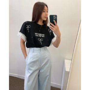 26060154 [동안코디] 리본 진주 반팔 티셔츠 인스타감성 핫걸탑