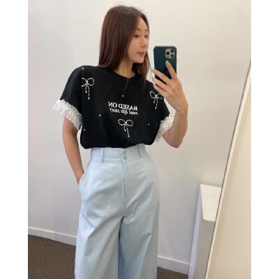 26060154 [동안코디] 리본 진주 반팔 티셔츠 인스타감성 핫걸탑